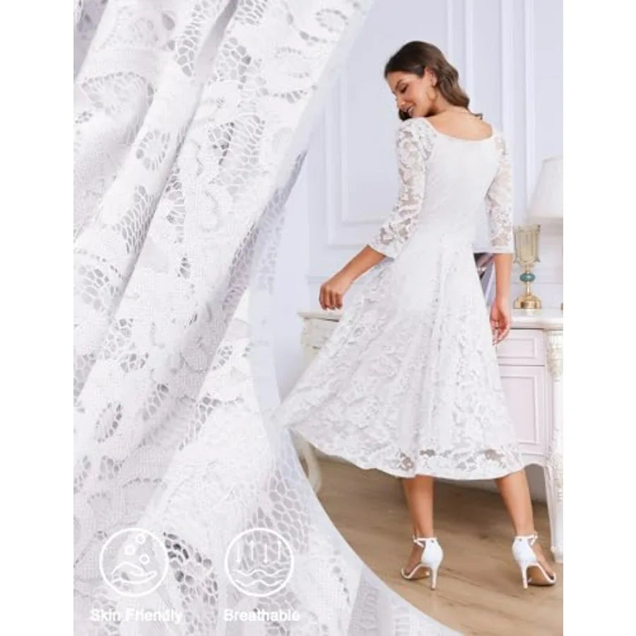 Dressystar Womens Long-Sleeve Wedding Guest Dress A-Line Lace Formal Party Cocktail Midi Dress Prom Gown
