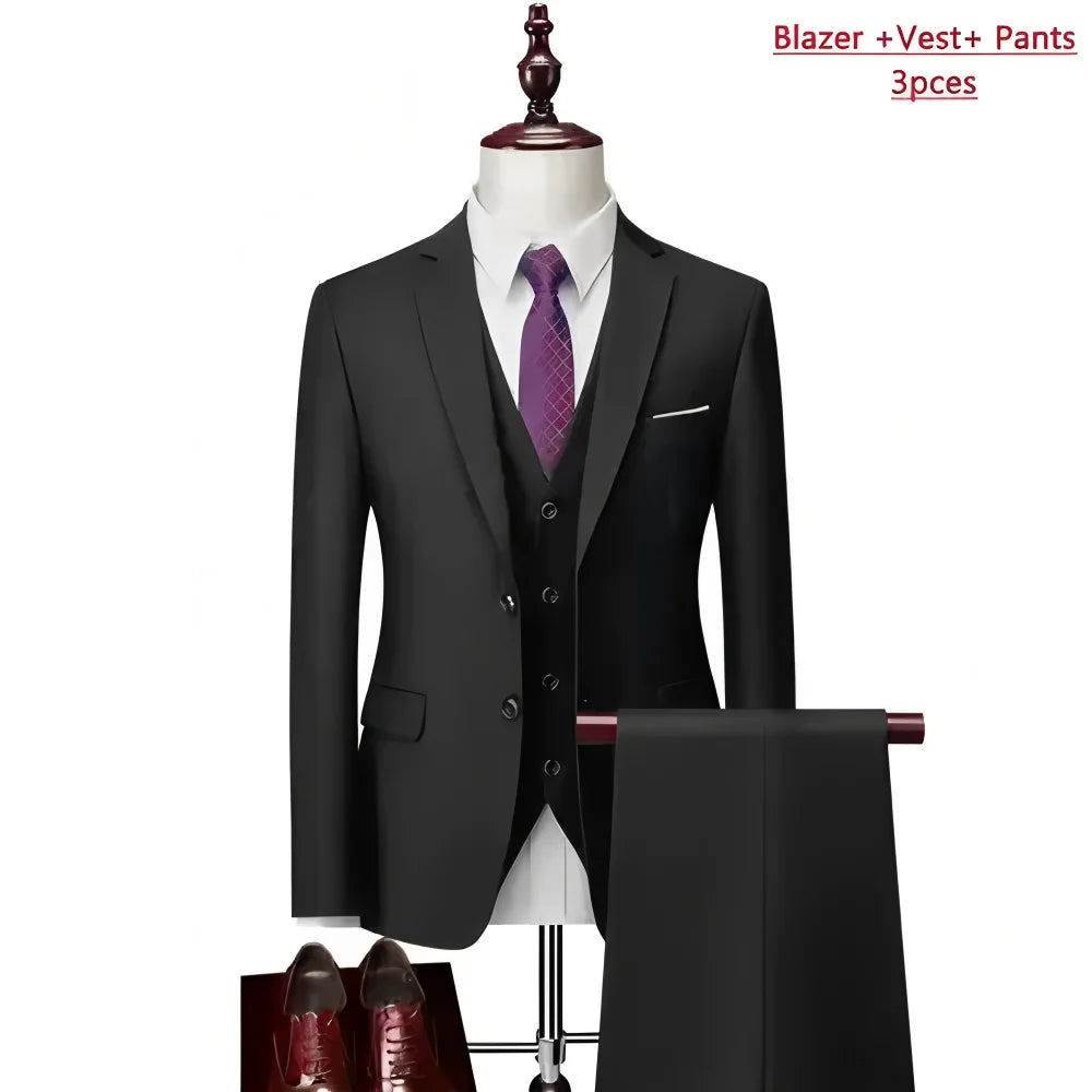 Men Lapel Black Collar 3 Pcs Suit Set Coat Vest Trousers / Business Groom Wedding Dress Fprmal Blazer Pants Waistcoat