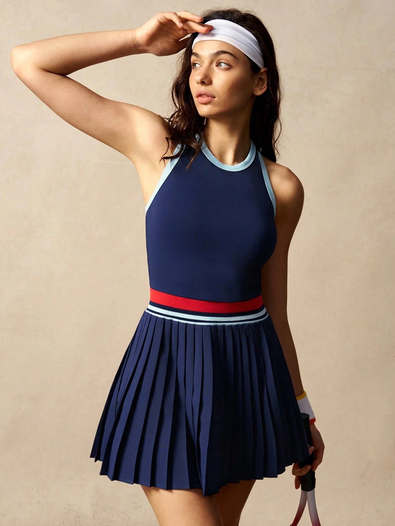 Women's Color Block Tennis Dress - Vintage Striped Racerback Pleated Skirt with Mid Waist Contrast Trim, Sleeveless A-Line Athletic Mini Dress for Golf Workout