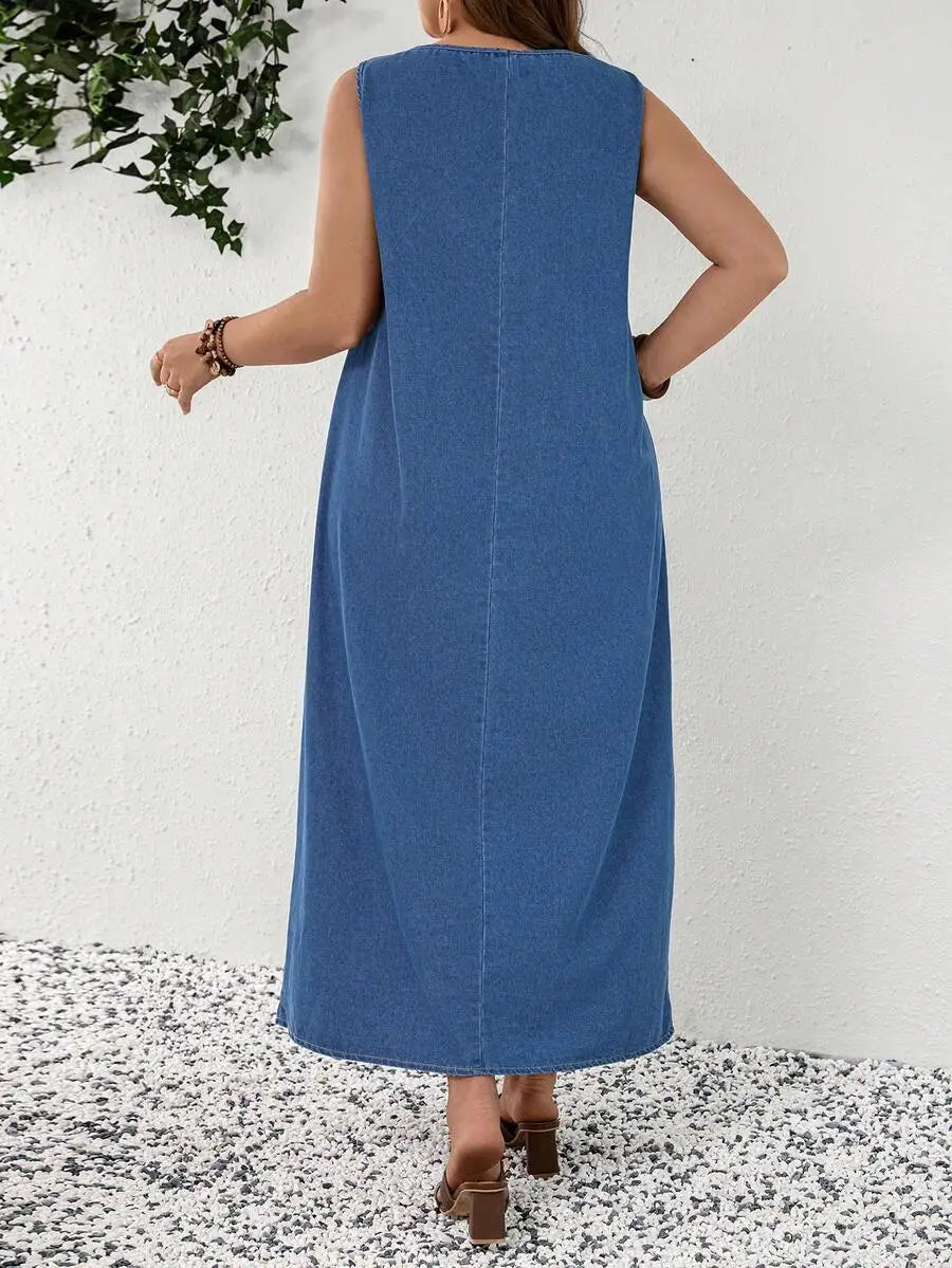 Mature Denim Plus Size Women Loose Fit Denim Sleeveless Shift Dress,Valentine's Day,Summer,Carnival,Beach,Party,Elegant Party