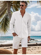 Mens Cotton Linen Button Down Shirt Solid Color Casual Long Sleeve Beach Shirt