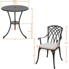 3 Piece Outdoor Cast Patio Bistro Set with Umbrella Hole and Gray Cushions, Black