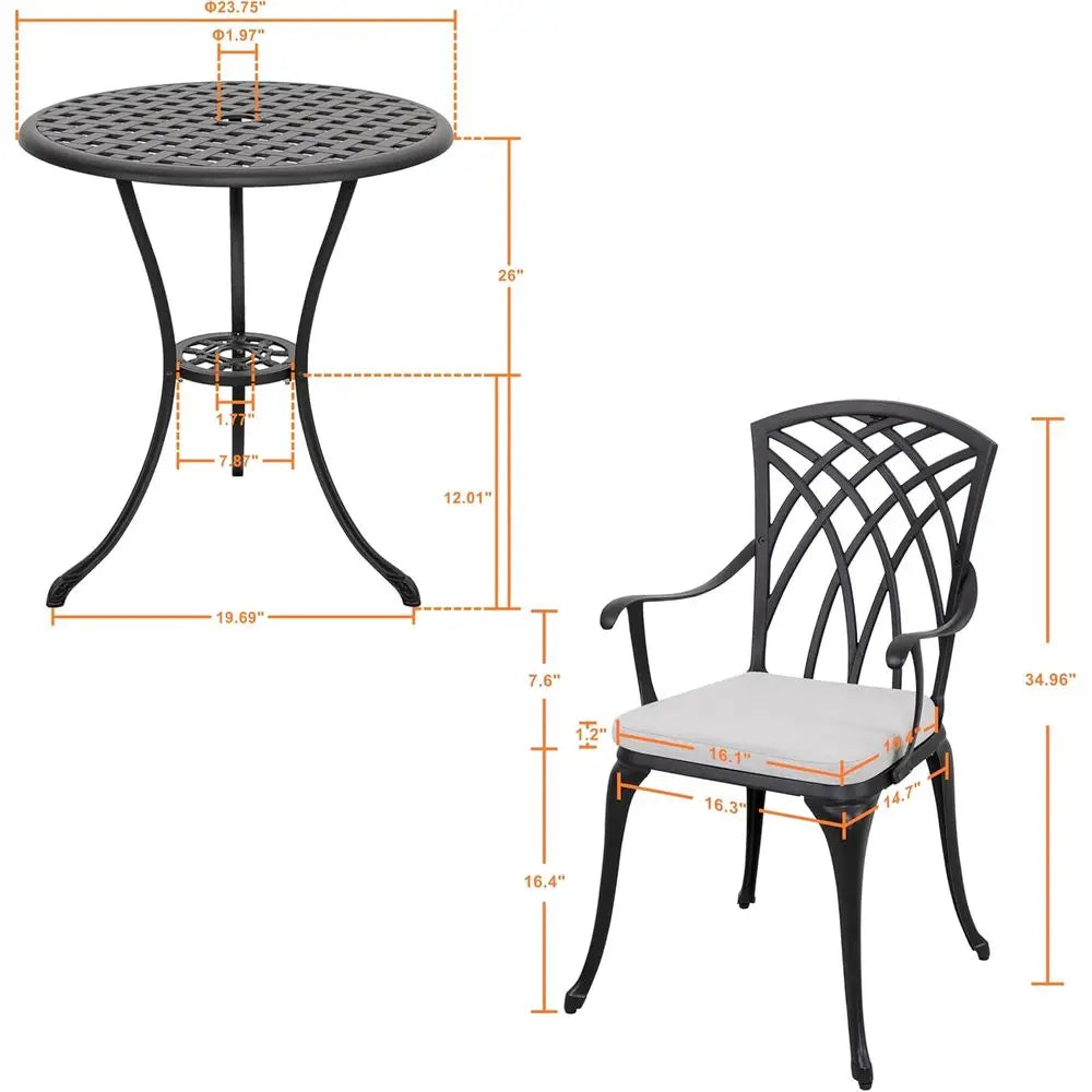 3 Piece Outdoor Cast Patio Bistro Set with Umbrella Hole and Gray Cushions, Black