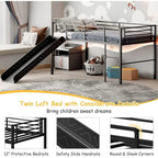 Twin Over Full Bunk Bed with Slide, Metal Frame, Safety Rails, Ladder - Black
