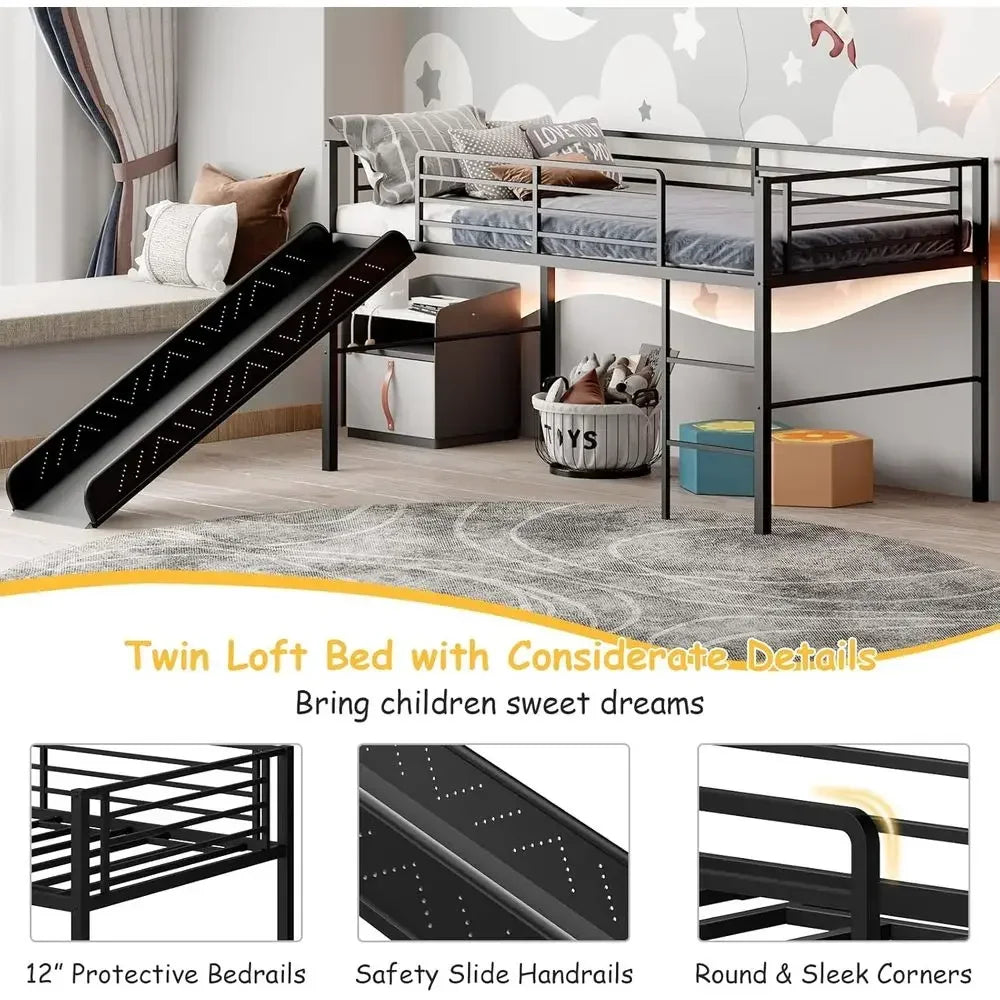 Twin Over Full Bunk Bed with Slide, Metal Frame, Safety Rails, Ladder - Black