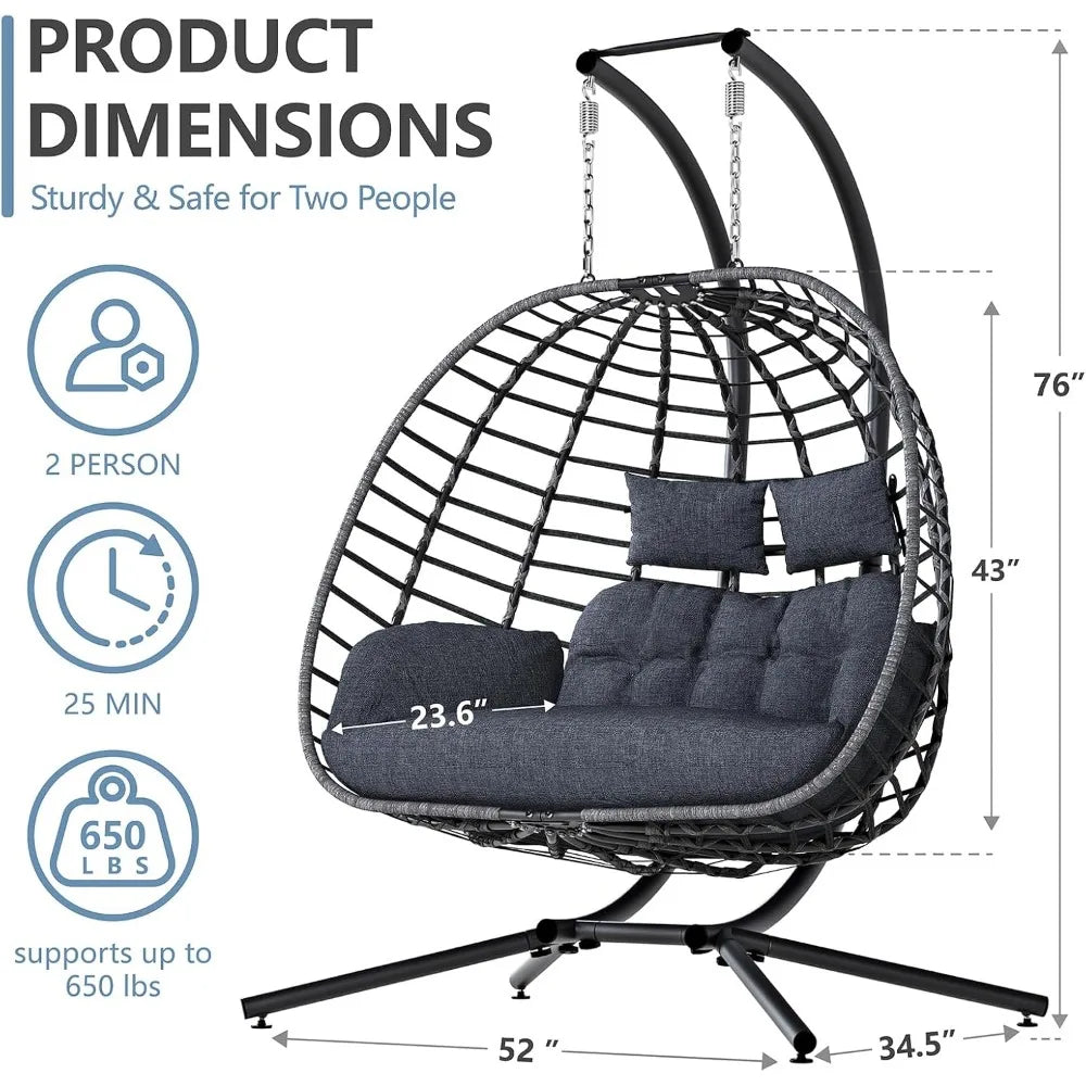 Egg Swing Chair with Stand, 2 Person Outdoor Patio Wicker Hammock Chairs with Cushion for Indoor, Lawn, Garden - Dark Grey