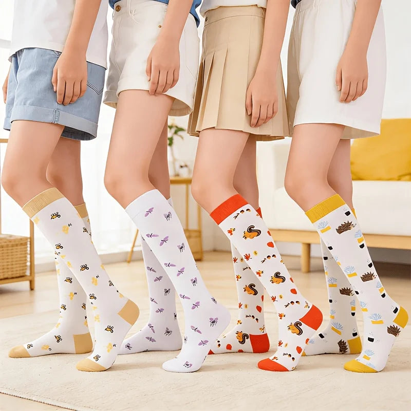 4 Pairs Cartoon Printed Compression Socks, Unisex Floral Sports Compression Long Socks, Suitable for Running, Hiking and Cycling, Made of Breathable, Sweat-Wicking and Ventilated Fabric