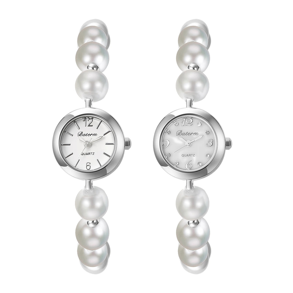 Women's faux pearl beaded bracelet watch, adjustable sliding clasp strap, quartz analog dial, faux diamond embellishments, Arabic numeral markers, stylish and exquisite, a perfect gift for girls and women