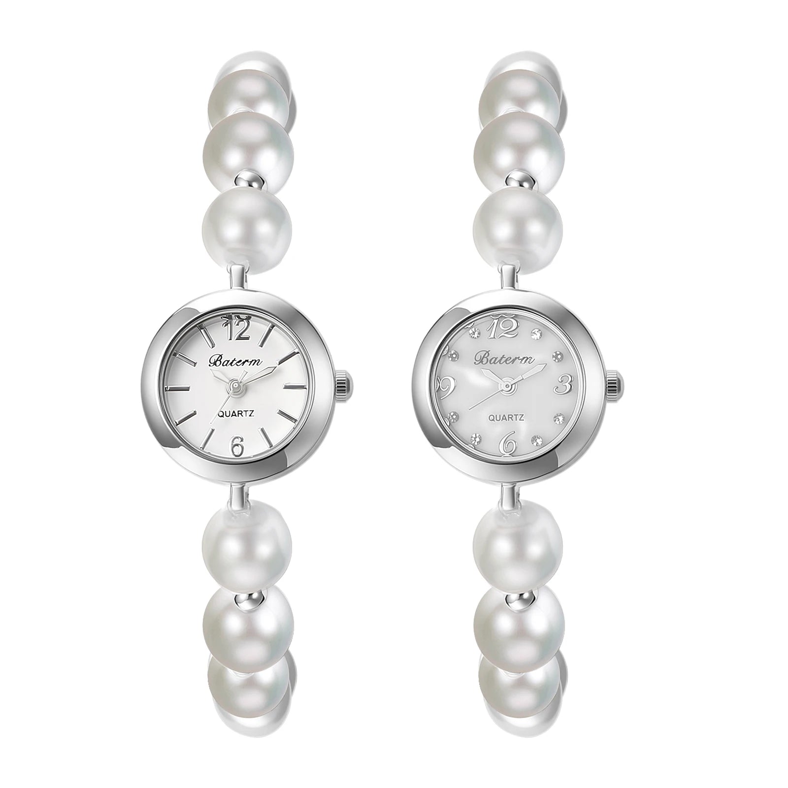 Women's faux pearl beaded bracelet watch, adjustable sliding clasp strap, quartz analog dial, faux diamond embellishments, Arabic numeral markers, stylish and exquisite, a perfect gift for girls and women