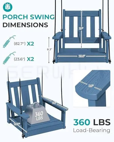 HDPE Single Porch Swing, Heavy Duty Single Person Swing Chair with 2 Polypropylene Hanging Ropes, Adirondack Hanging
