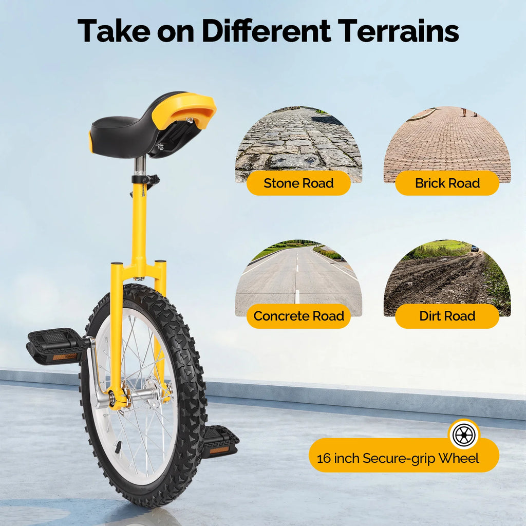 16 Inch Unicycle Outdoor One Wheel Bike Height Adjustable 28-32in 110lbs Capacity Manganese Steel for Balance Training Fitness
