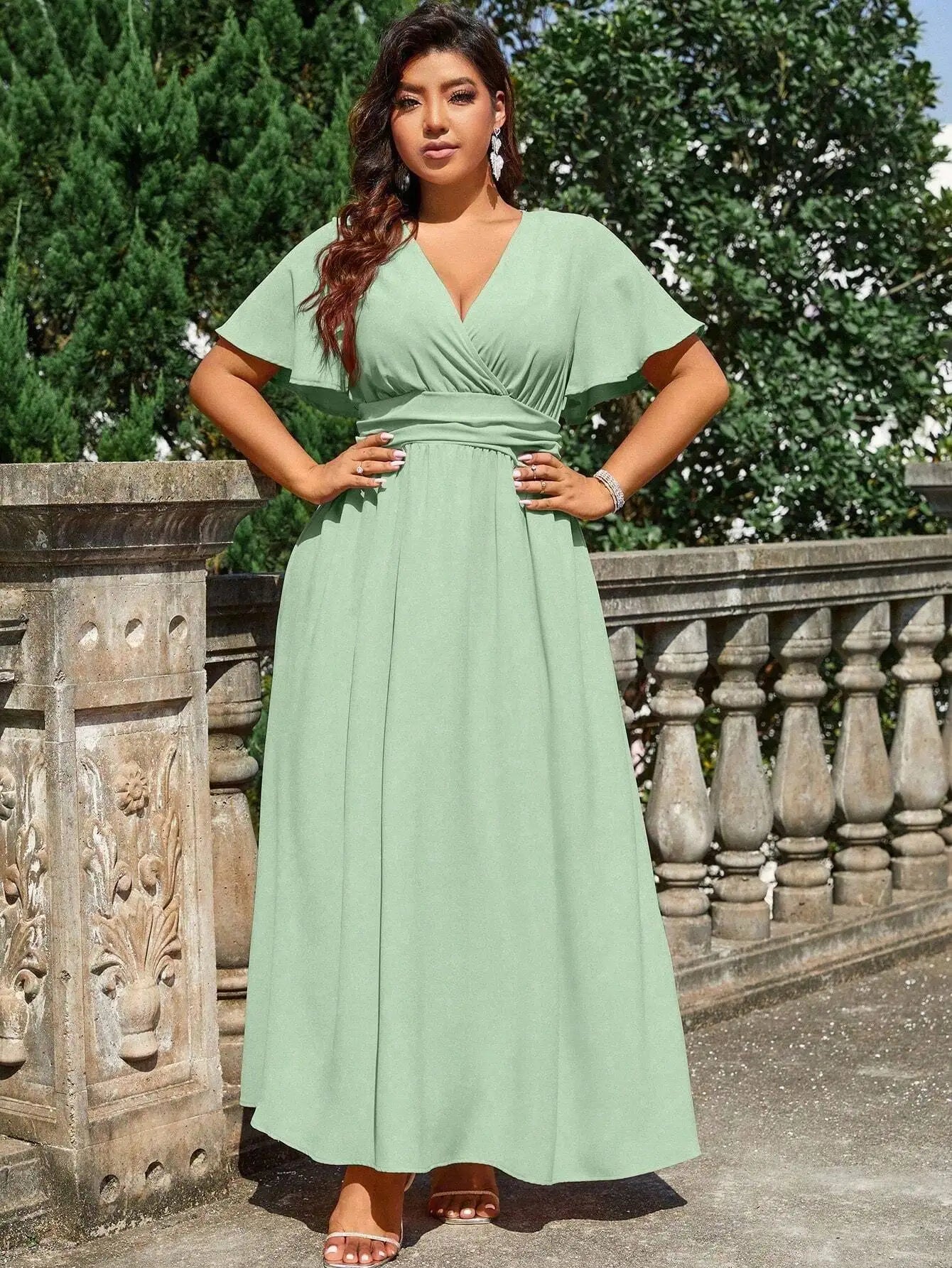 Plus Size Solid Color Wrap V-Neck Maxi Dress For Wedding Formal Occasion