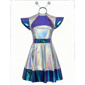 Toddler Baby Girls Alien Costume Dress Kids Shiny Metallic Space Themed Party Dress with Headband Glasses for Halloween Cosplay