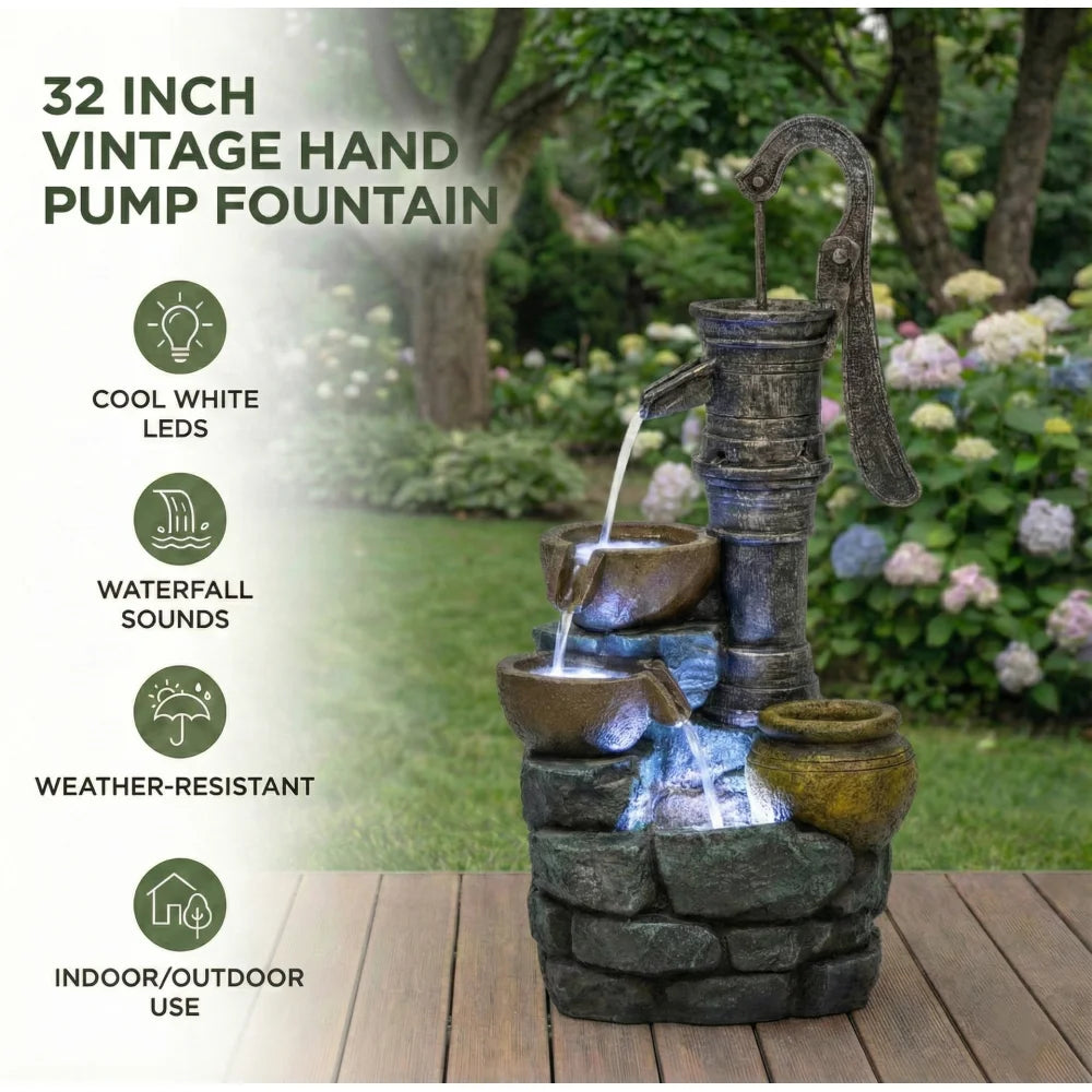 32" H Large Outdoor Fountains with Vintage Pump Ideal for Patio Yards Outdoor Gardens and Home Art Decor Crafted from Weather-Resistant Materials for Year-Round Use