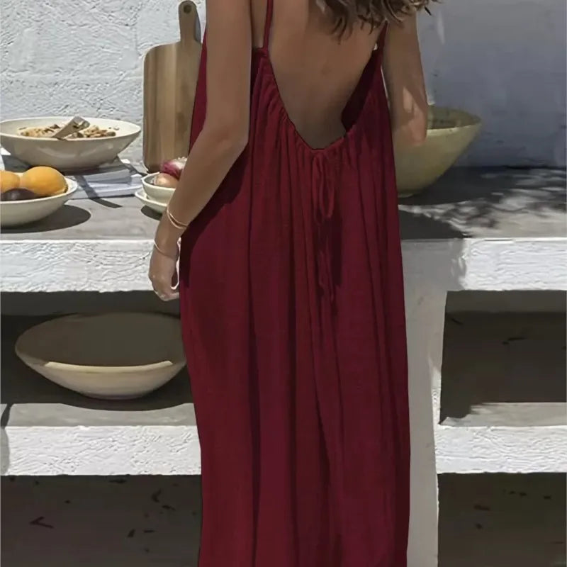 Pleated Halter Maxi Dress Elegant Women Dress Long Halter Sleeveless Backless Pleated Loose Beach Party Summer