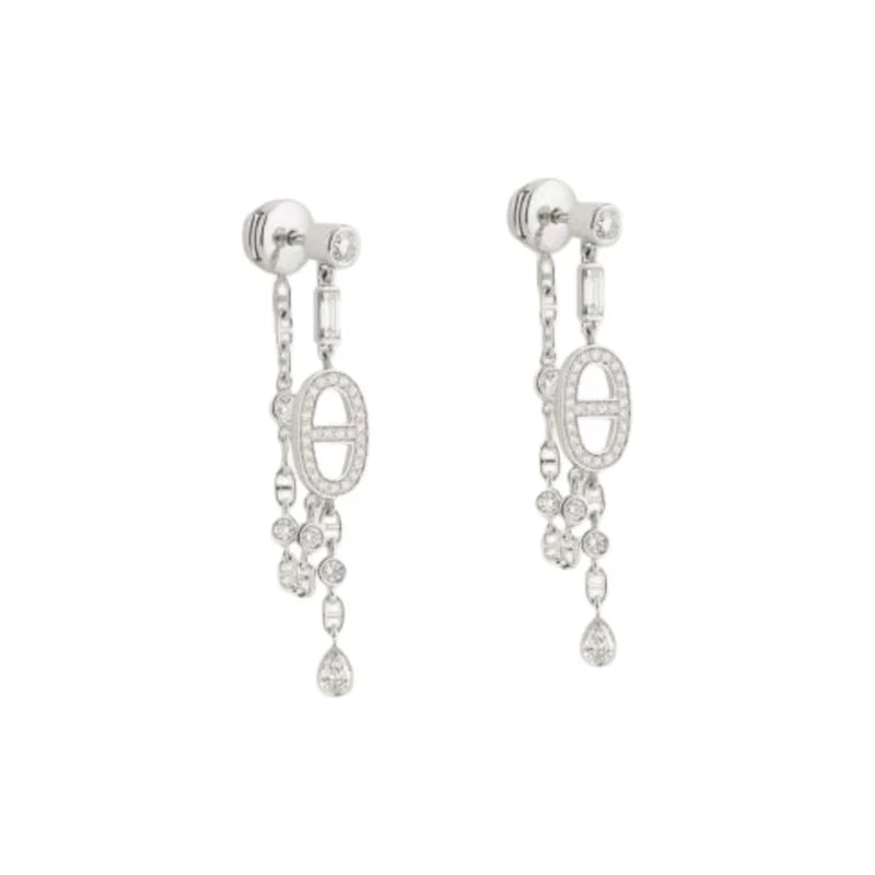Silver Plated Paved Oval Link Multi-Stone Drop Earrings with Mixed CZ & Chain Dangle Design