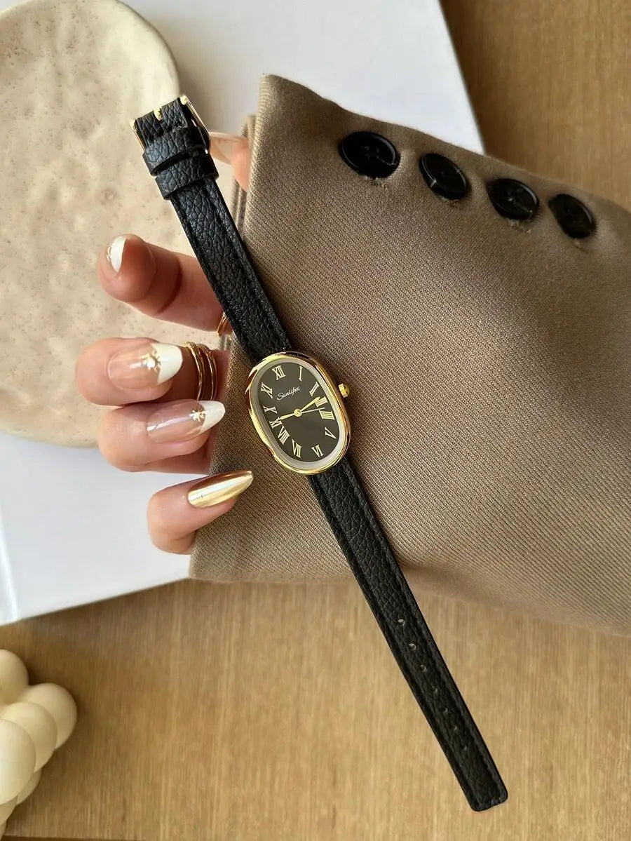 1pc Vintage Style Adjustable Strap Quartz Women's Watch, Oval Dial, Roman Numeral Markers, Compact Design, Suitable For Daily