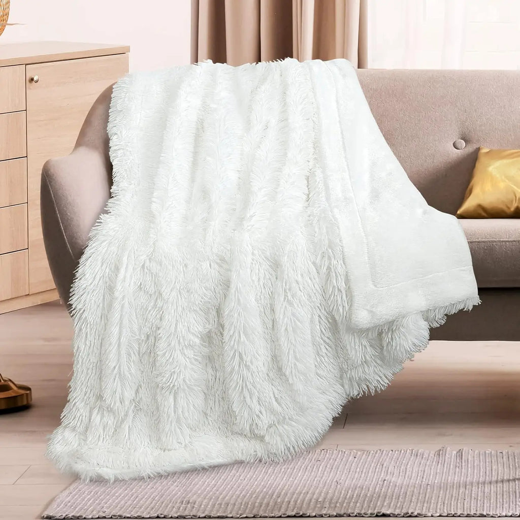 Extra Soft Fuzzy Faux Fur Throw Blanket 50x60, Reversible Lightweight Fluffy Cozy Plush for Couch Sofa Bed, Pure White