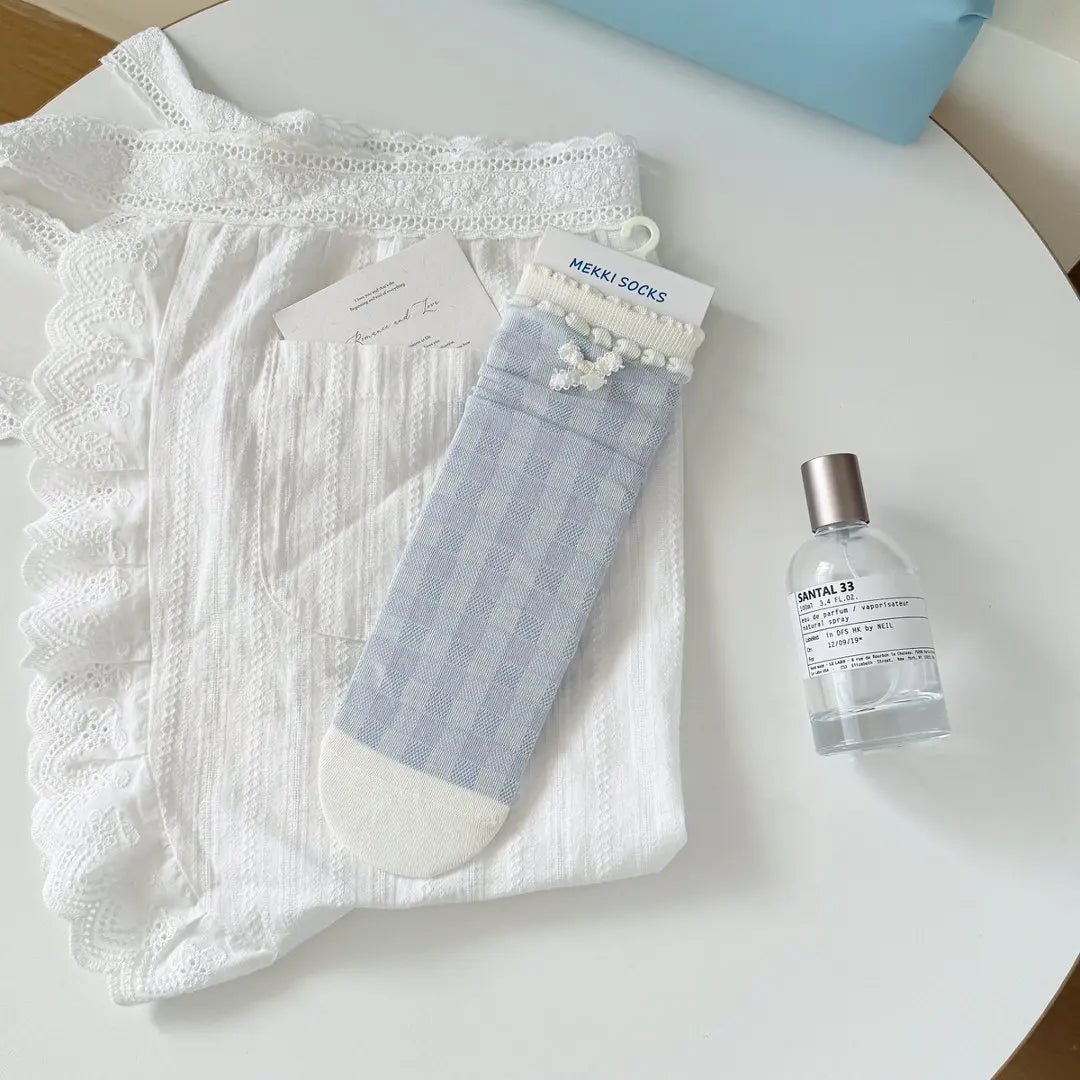 2026 Socks Women Spring Summer Blue Sea Salt Lace Stacking Socks Loose Design Medium Tube Korean Minimalist Cotton Socks