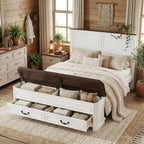Farmhouse Queen Platform Bed Frame 46" Tall Headboard Solid Wood 2 Storage Drawers LED USB Charging No Box Spring Walnut Custom