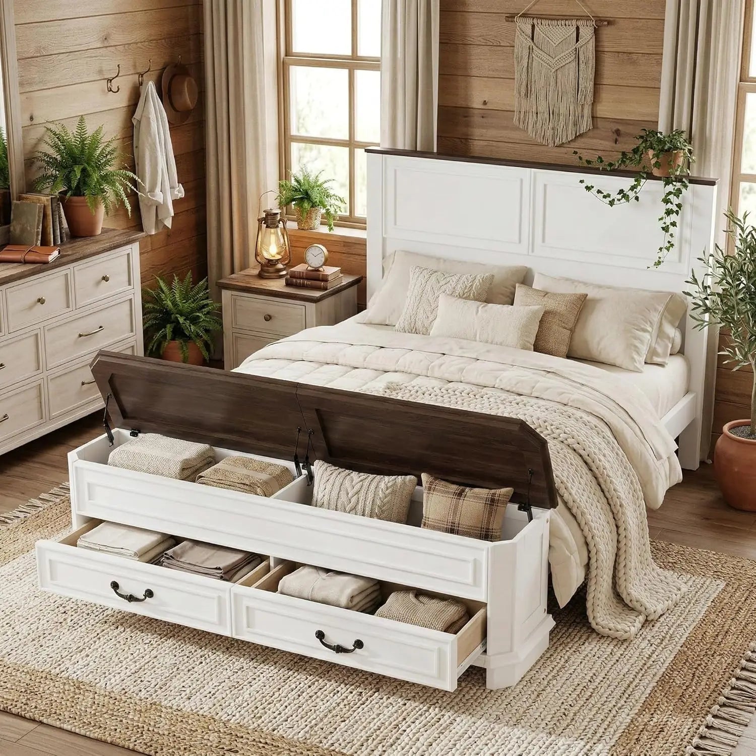 Farmhouse Queen Platform Bed Frame 46" Tall Headboard Solid Wood 2 Storage Drawers LED USB Charging No Box Spring Walnut Custom