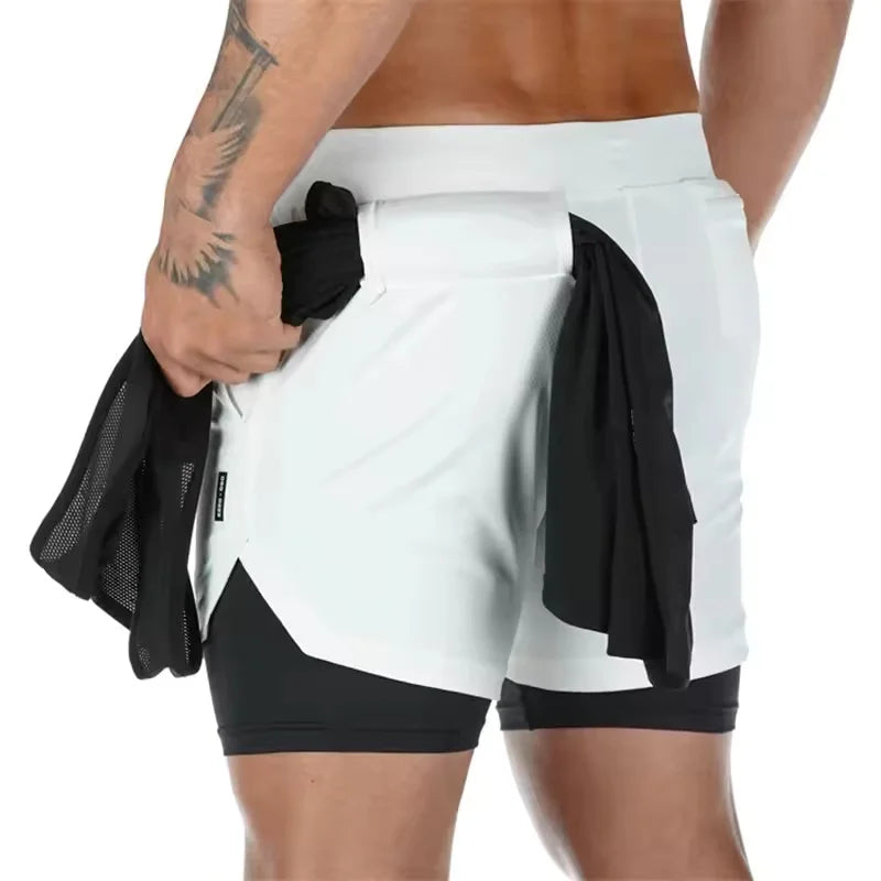 Sports Shorts Jogging Training Quick Dry 2-in-1 Double Layer Elastic Waist Taffeta Regular Fit Summer Men Single Pair
