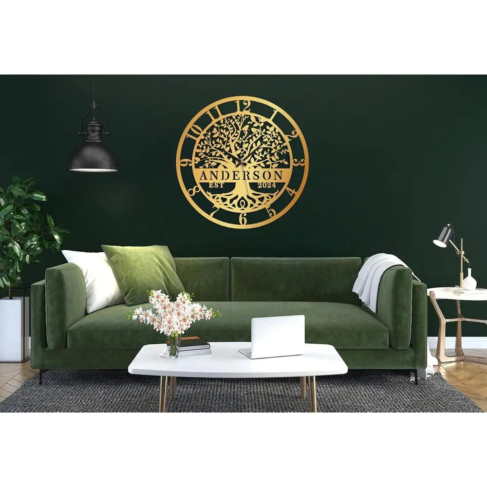 Custom Engraved Family Tree Metal Wall Clock - Personalized Name Wall Art, Large Home Decor for Housewarming or Wedding Gifts