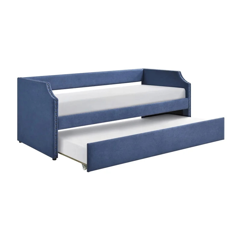 Modern Blue Textured Fabric Daybed with Trundle, Wooden Frame, Ready-to-Assemble