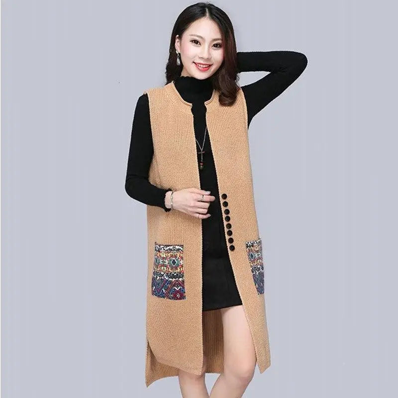 Spring and Autumn New Loose Vest Mid-Length Cardigan Women's Knitwear Sleeveless Vest Jacket