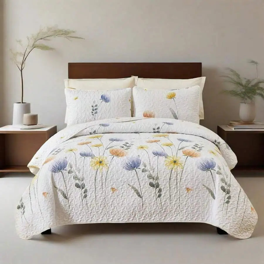 3 Pieces  Yellow Flower Quilt Set Twin Full Queen King Size, Paisley Patchwork Plaid Bedspread Bedding Sets  Coverlet Set.
