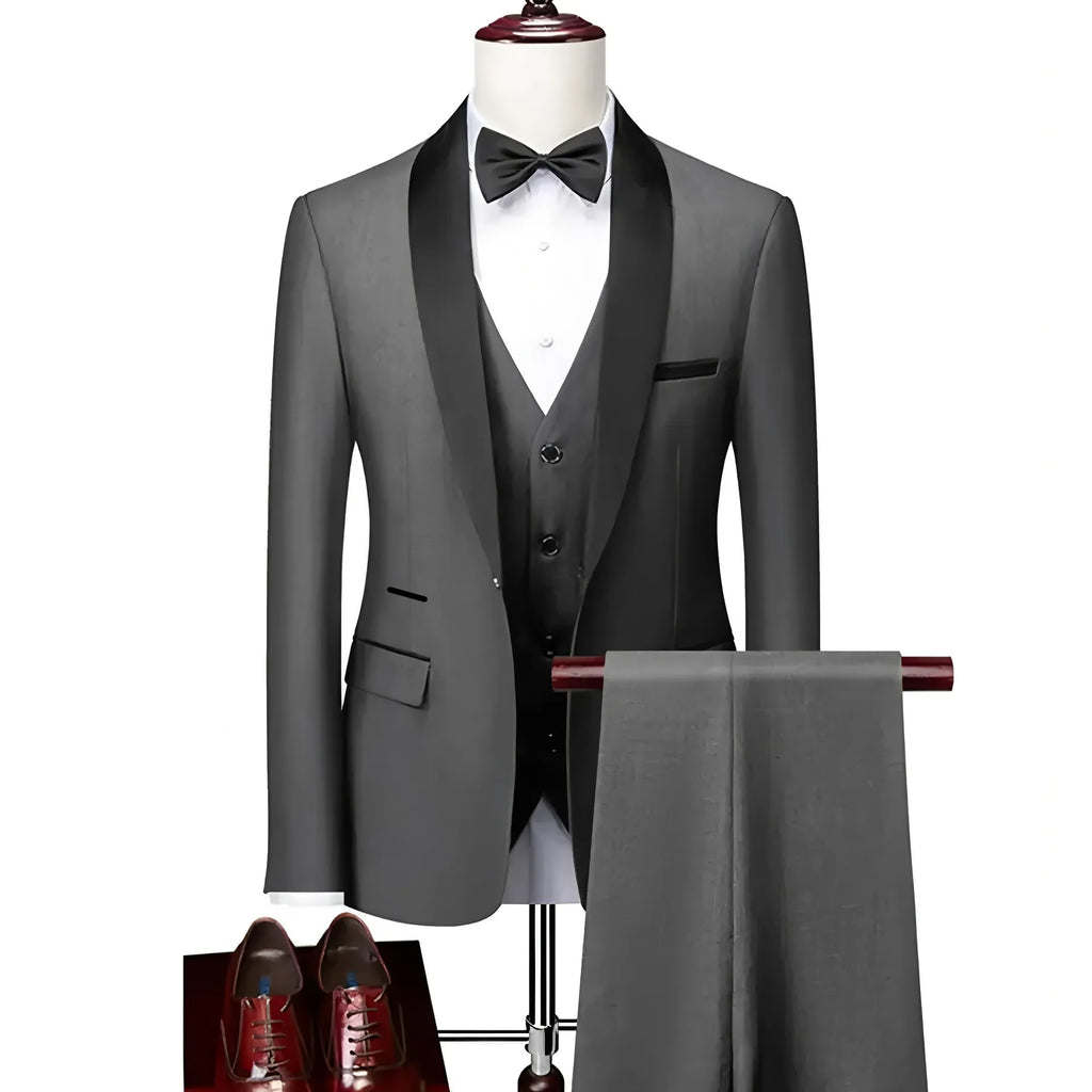 Men Lapel Black Collar 3 Pcs Suit Set Coat Vest Trousers / Business Groom Wedding Dress Fprmal Blazer Pants Waistcoat