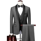 Men Lapel Black Collar 3 Pcs Suit Set Coat Vest Trousers / Business Groom Wedding Dress Fprmal Blazer Pants Waistcoat