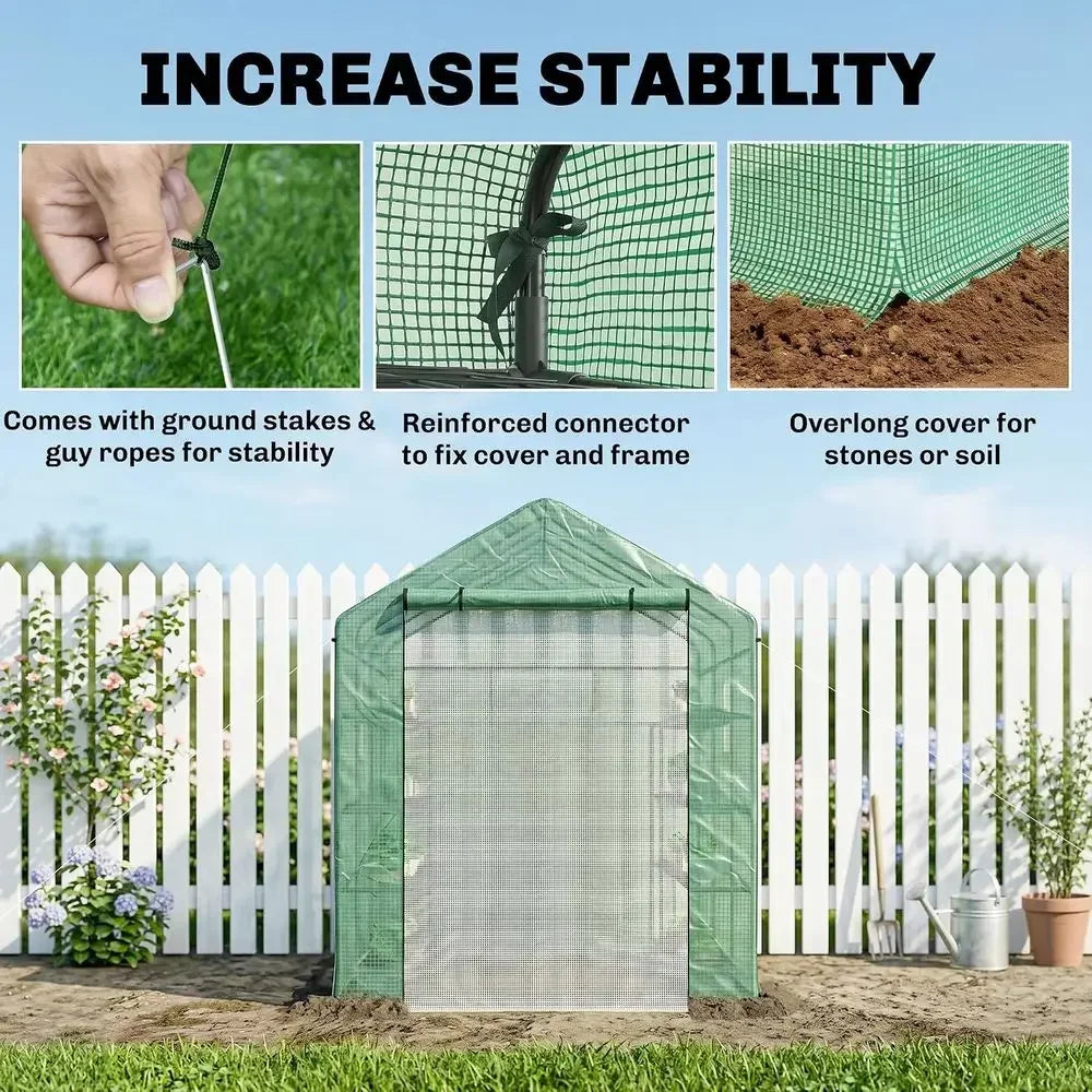 6' x 8' Walk-In Greenhouse with PE Cover, 4-Tier Shelves, Steel Construction, Roll-Up Door for Growing Vegetables, Saplings, and