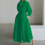 White V-Neck Long Sleeve Loose A-Line Shirt Dress Women Casual Elegant Midi