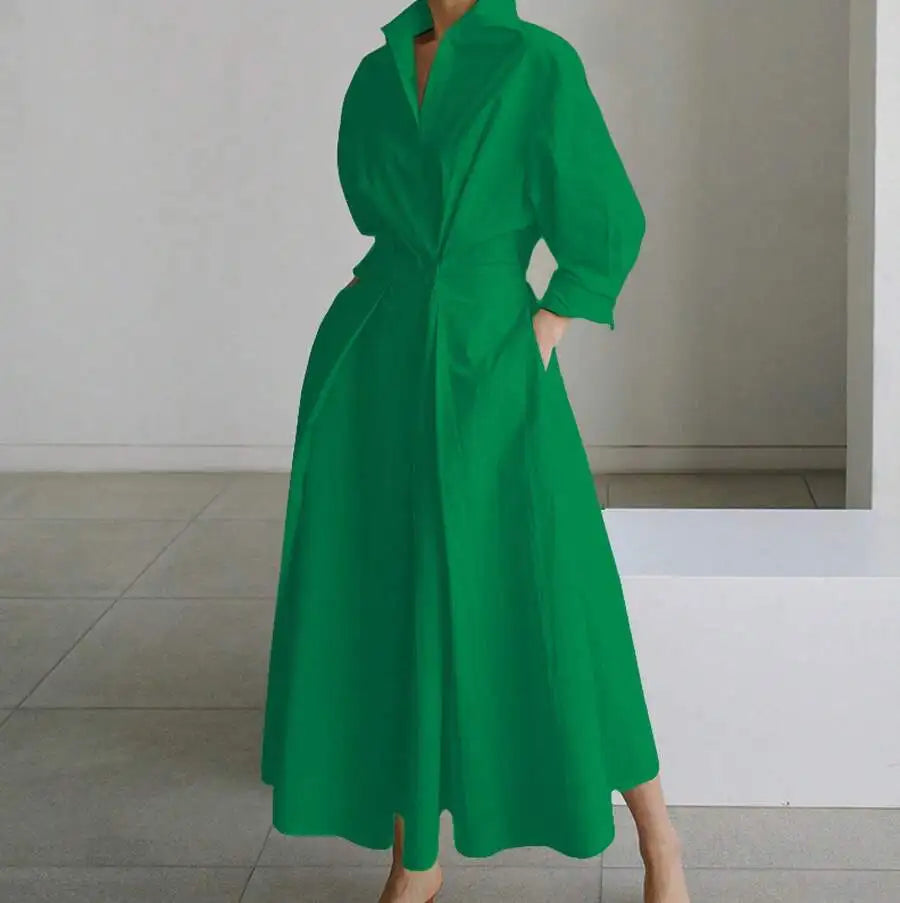 White V-Neck Long Sleeve Loose A-Line Shirt Dress Women Casual Elegant Midi