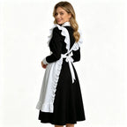 Women Gothic Nun Maid Cosplay Costume Long Sleeve Black Dress White Ruffle Apron Cross Pendant Vintage Victorian Lolita Outfit Halloween Carnival Cafe Waitress Uniform