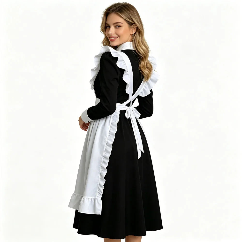 Women Gothic Nun Maid Cosplay Costume Long Sleeve Black Dress White Ruffle Apron Cross Pendant Vintage Victorian Lolita Outfit Halloween Carnival Cafe Waitress Uniform