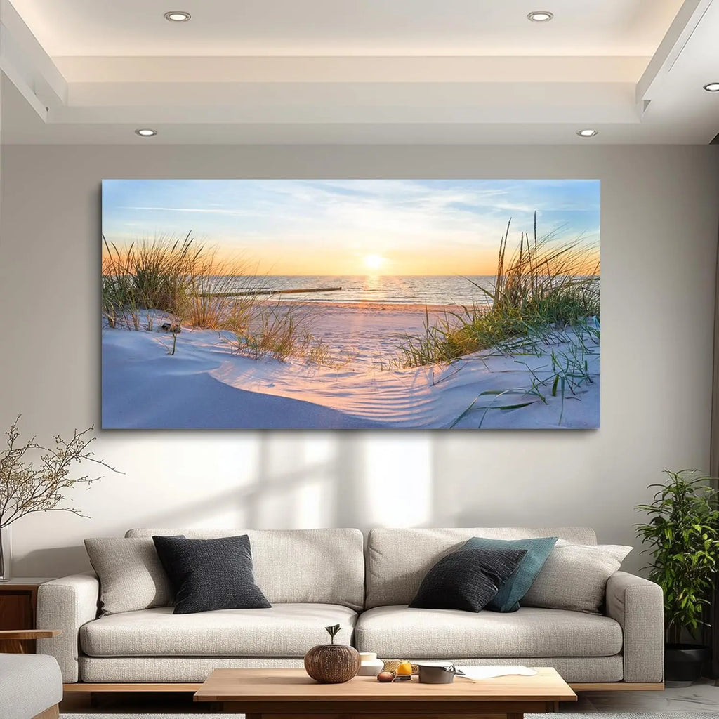 Framed Blue Ocean Beach Sunset Grass Landscape Canvas Wall Art Prints Extra Large, Coastal Seascape Wall Decor for Living Room Bedroom Office Indoor Home Display