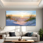 Framed Blue Ocean Beach Sunset Grass Landscape Canvas Wall Art Prints Extra Large, Coastal Seascape Wall Decor for Living Room Bedroom Office Indoor Home Display