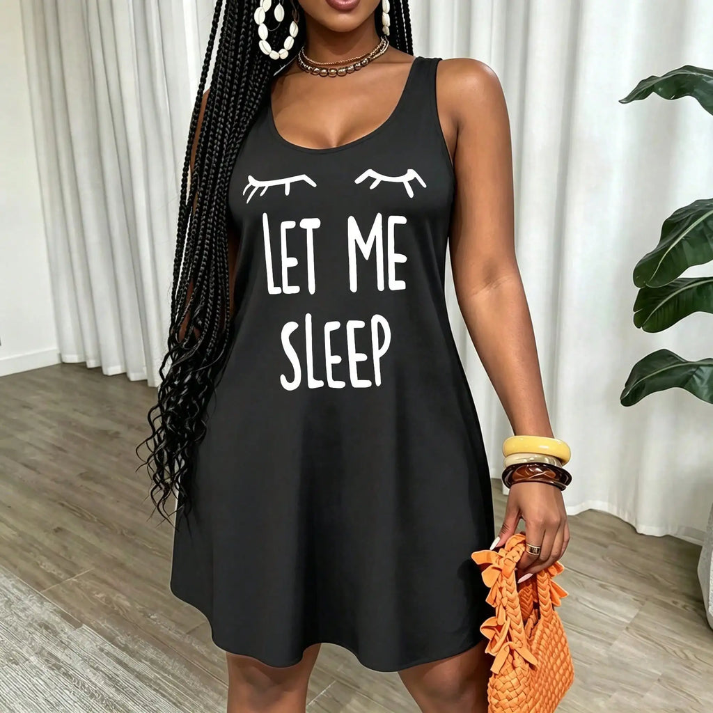 Plus Size Casual Lounge Dress, Women's Plus Eyelash & Letter Print Scoop Neck Racer Back Curve Hem Tank Sleep Dress