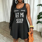 Plus Size Casual Lounge Dress, Women's Plus Eyelash & Letter Print Scoop Neck Racer Back Curve Hem Tank Sleep Dress
