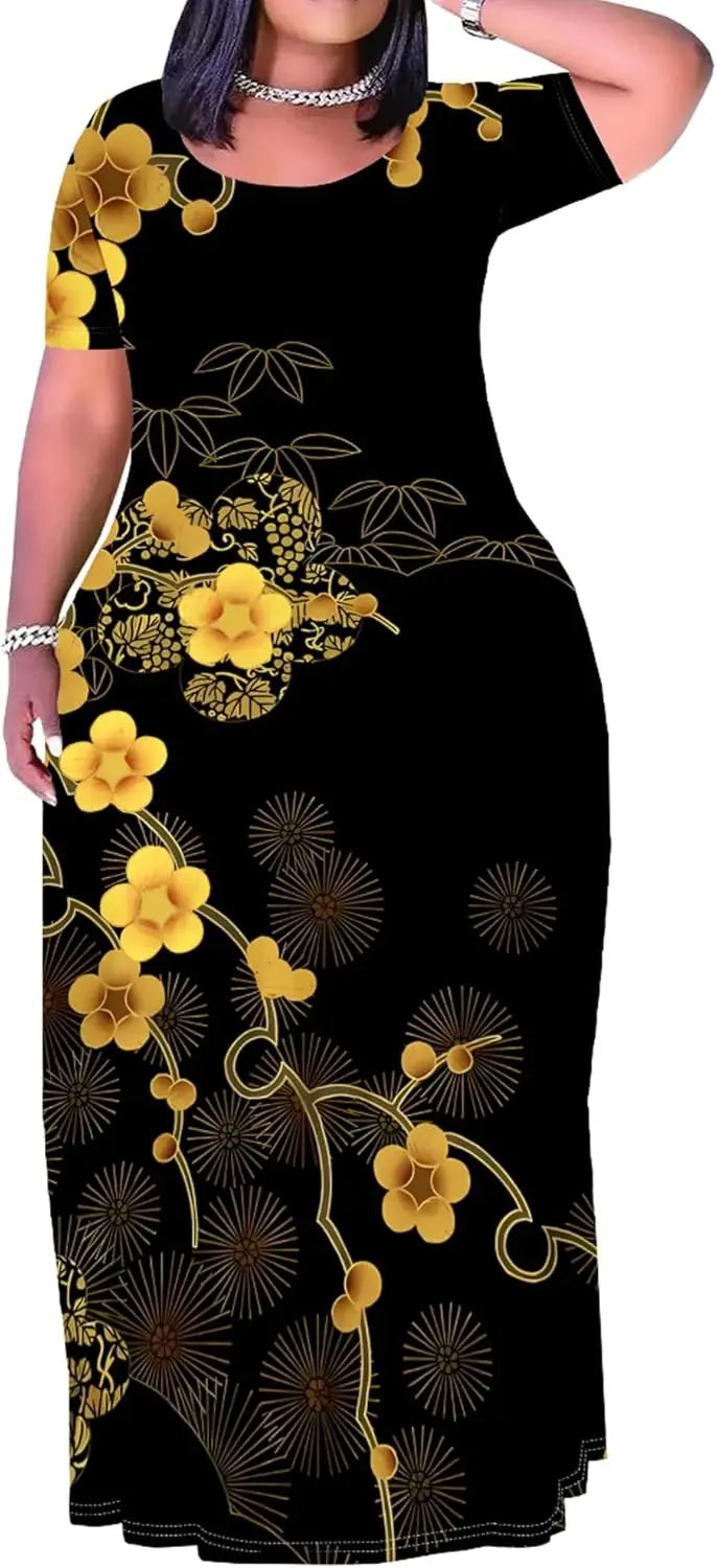 Plus Size Maxi Dress for Women Summer Casual Short Sleeve Tshirt Dresses with Pockets (XL-6XL)