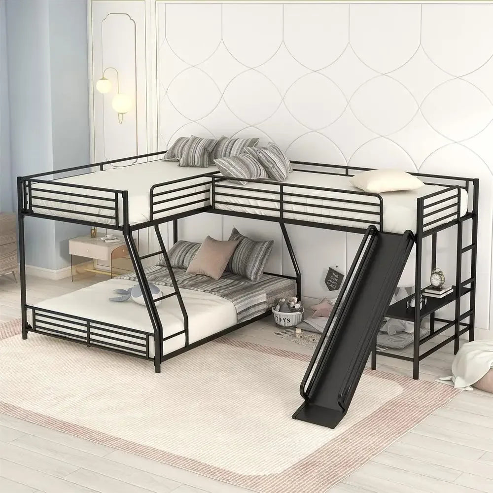 L-Shaped Bunk Bed with Twin Over Full Metal Frame, Built-in Desk and Slide for Kids (Black)