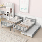 Grey Twin Over Twin Bunk Bed with Trundle, Convertible to Two Twin Beds, Includes Ladder and Guardrails
