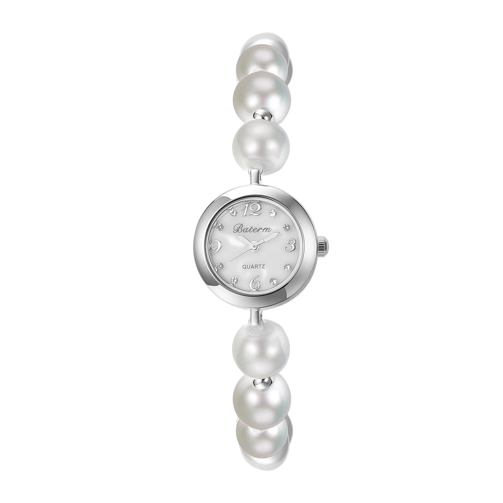 Women's faux pearl beaded bracelet watch, adjustable sliding clasp strap, quartz analog dial, faux diamond embellishments, Arabic numeral markers, stylish and exquisite, a perfect gift for girls and women