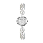 Women's faux pearl beaded bracelet watch, adjustable sliding clasp strap, quartz analog dial, faux diamond embellishments, Arabic numeral markers, stylish and exquisite, a perfect gift for girls and women