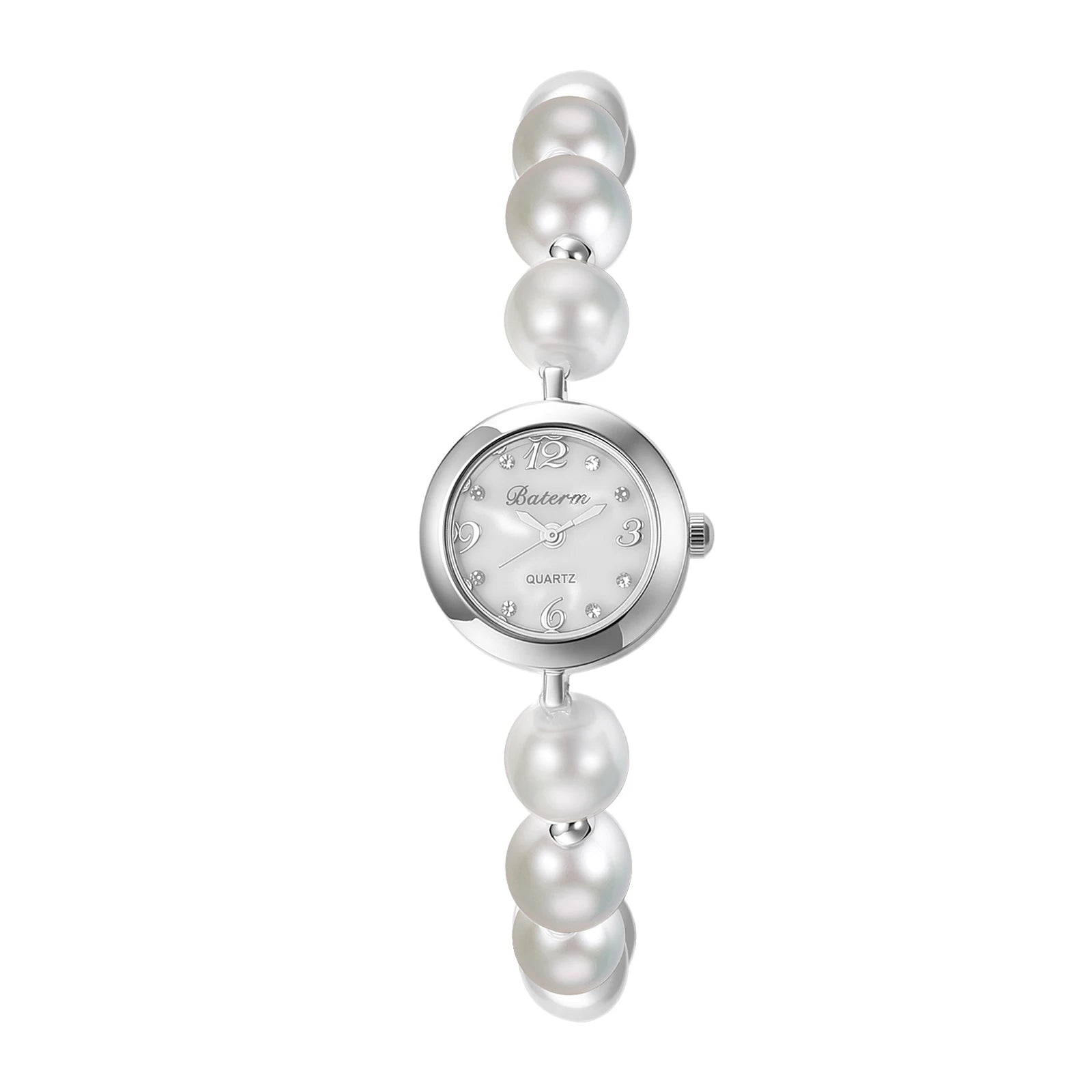 Women's faux pearl beaded bracelet watch, adjustable sliding clasp strap, quartz analog dial, faux diamond embellishments, Arabic numeral markers, stylish and exquisite, a perfect gift for girls and women