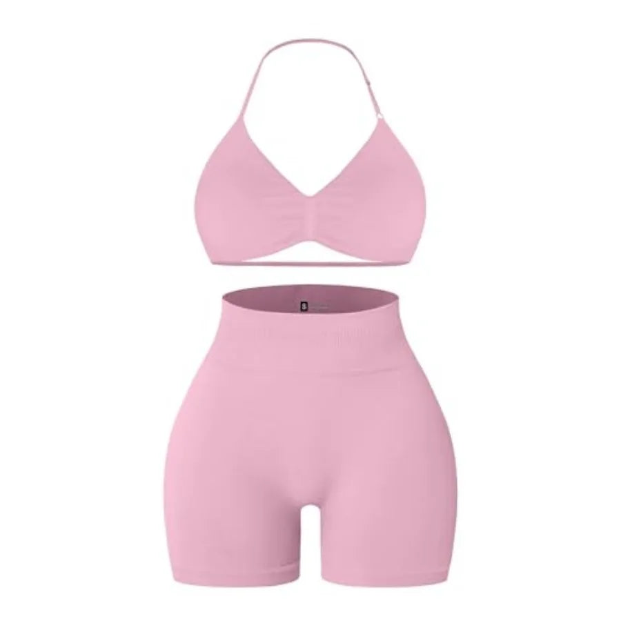 Comper 2 Pcs Workout Sets for Women Halter Strappy Sports Bra with Seamless Ribbed Gym Yoga shorts Outfits
