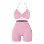 Comper 2 Pcs Workout Sets for Women Halter Strappy Sports Bra with Seamless Ribbed Gym Yoga shorts Outfits