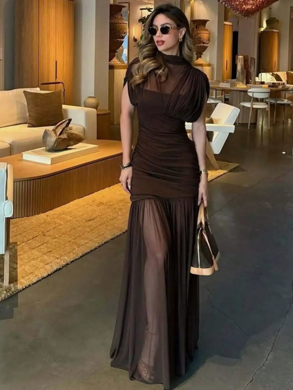 Solid Color Elegant Sexy Party Mesh Ruffle Splice Pleated Hem Dress, Suitable For Beach, Evening Date, Wedding, Birthday Party, Spring/Summer